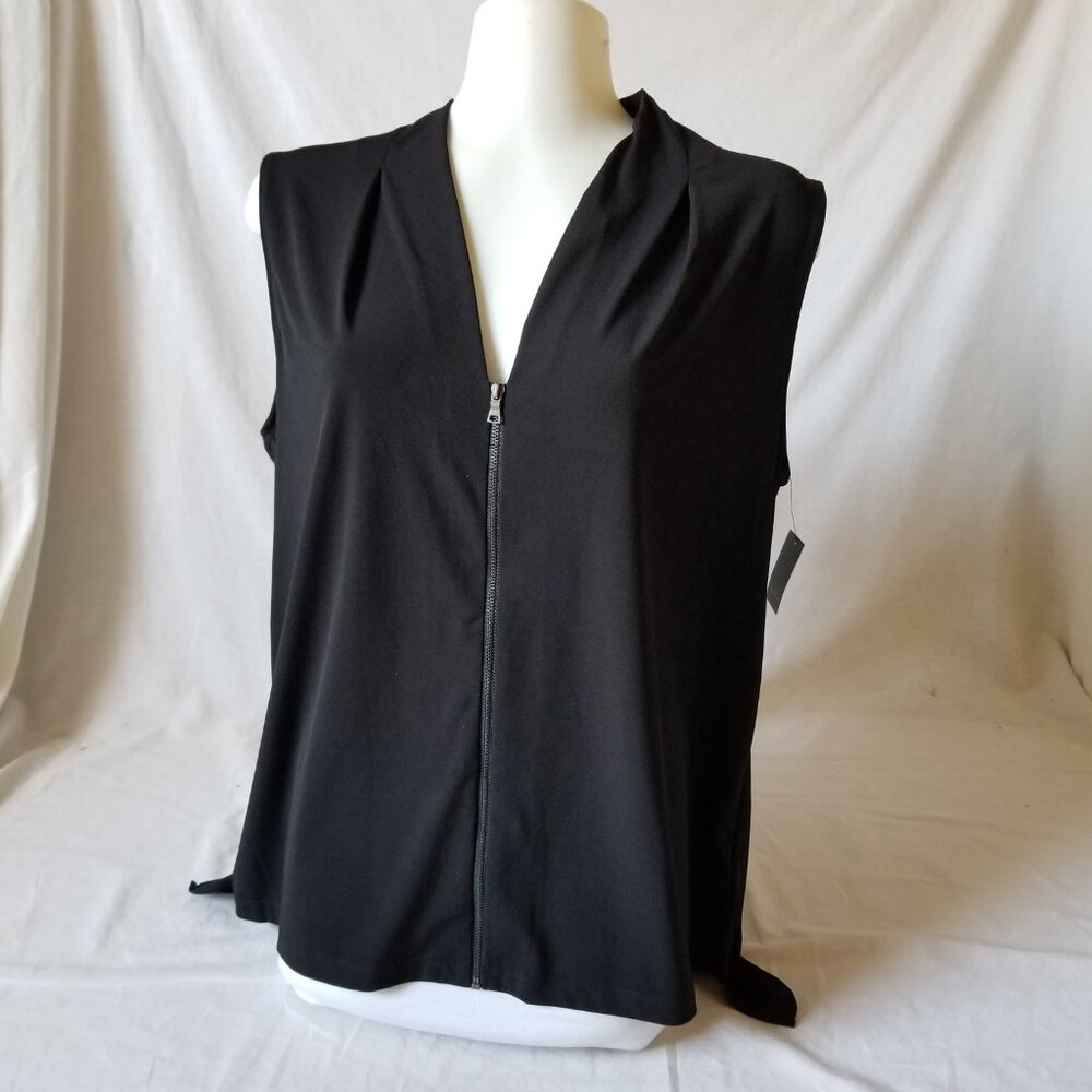 NWT! Tahari Black Sleeveless Tunic Top Blouse with Zipper Front & V-Neckline